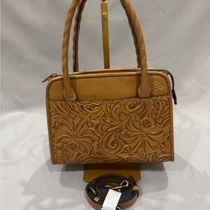 NWOT Patricia Nash “Paris” Small Satchel – Mini Rose Tooled Leather, Biscuit Tan